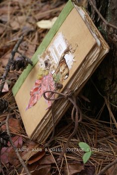 an old book sitting on the ground next to a tree with leaves and branches around it