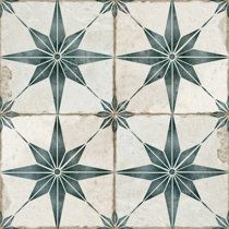 a white and green tile pattern with black stars on the bottom, in an old fashion style