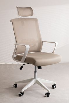 an office chair with wheels on the back and seat upholstered to the side