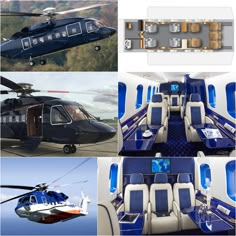 the inside of an airplane with seats and a helicopter next to it in different pictures