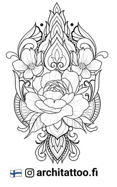 an ornamental design with flowers and leaves in black and white, on a white background