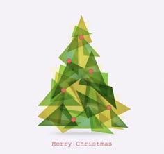 a merry christmas tree made up of green and yellow triangles on a light gray background