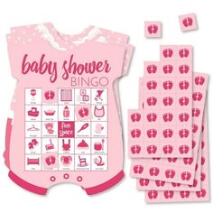 baby shower game with pink onesuits and stickers on the front, in white background