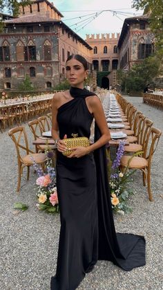 Black Silk Dress Wedding Guest, Clutch For Black Dress, Black Tie Wedding Guest Aesthetic, Welcome Dinner Outfit Guest, Classic Wedding Guest Dress Classy, Wedding Guest Dress With Scarf, Europe Wedding Guest Dress, Black Tie Wedding Dress Code, Grooms Sister Wedding Outfit