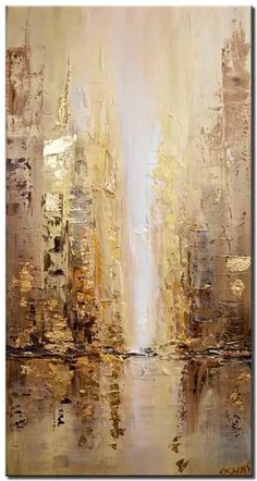 an abstract painting with gold and white colors