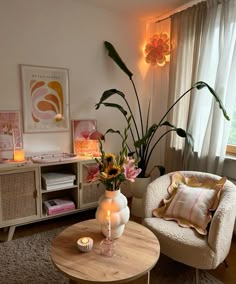 a living room filled with furniture and flowers