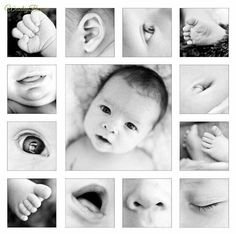 black and white images of baby's eyes, nose, mouth, feet and head