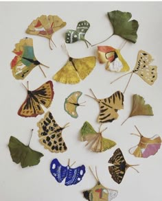 a group of different colored butterflies sitting on top of a white table next to each other