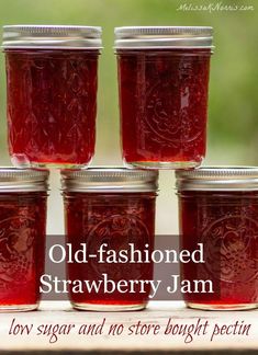 old fashioned strawberry jam in jars with text overlay