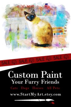 a cat sitting on top of a wooden table next to a sign that says custom paint your furry friends