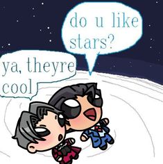 two people are kissing in the snow with an empty speech bubble above them that says do u like stars? ya, they're cool