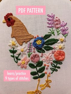 an embroidery pattern with flowers and a chicken on the front is featured in this article