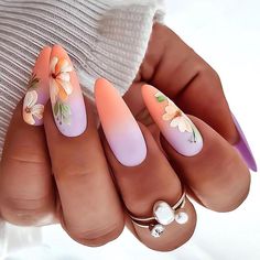 IMSOHOT Matte Almond Press on Nails Medium Fake Nails Orange Glue on Nails with Flower Design Stiletto Acrylic False Nails Full Cover Stick on Nails for... Nail Korean, Fairy Nails, Nail 2023, Nails Y2k, Nail Acrylic, Nails Press, Style Français