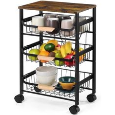 a kitchen cart with bowls, plates and cups on it's wheels is shown