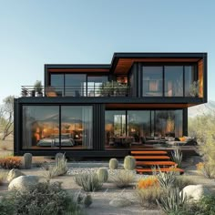 a modern house in the desert surrounded by cacti and succulents