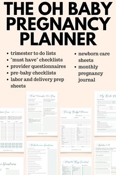 the oh baby pregancy planner is shown in black and white