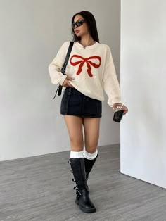 Women's Oversized Crew Neck Drop Shoulder Bow Decor Casual Knit Sweater, Fall/Winter Apricot Casual  Long Sleeve Knitwear Colorblock,Graphic Pullovers High Stretch  Women Clothing, size features are:Bust: ,Length: ,Sleeve Length: Christmas Fits Women, Outfit With Christmas Sweater, Christmas Photoshoot Outfits Women, Christmas Vibes Outfit, Comfy Holiday Party Outfits, Christmas Jumper Outfit Aesthetic, Teen Christmas Outfit Ideas, Christmas Jumper Outfit Women, Aesthetic Christmas Sweater