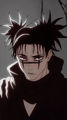 an anime character with black hair and piercings on his ears, staring at the camera