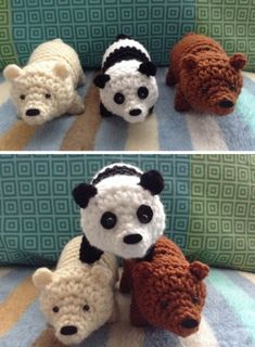 crocheted panda and bear stuffed animals on a bed with blue and green pillows