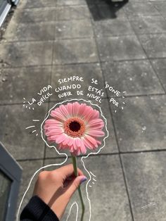 a person holding a pink flower with writing on the side of it in front of a building