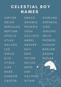 the celestial boy names on a blue background