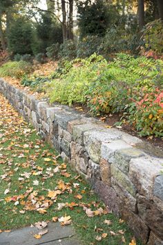 a stone wall with leaves on the ground and trees in the backgroung