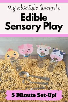 Pin text reads, my absolute favourite edible sensory play 5 minute set up! Image of 4 bottles with animal faces with mouths cut out and some cereal and spoons for feeding the farm animals. Kitchen Sensory Bin, Girly Sensory Bin, Sensory Bucket Ideas, Toddler Safe Sensory Bins, Low Mess Sensory Bins, Mess Free Sensory Play, Pom Pom Sensory Bin, Sensory Food Play