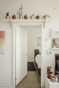 there are many potted plants on top of the shelf above the door to the bedroom