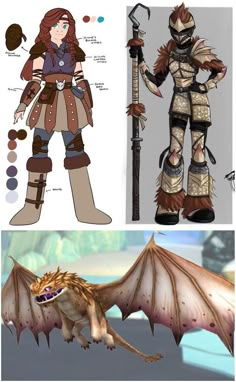 the concept art for how to train your dragon is shown in three different stages, and then