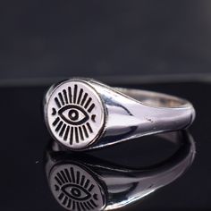 925 Sterling Silver, Evil Eye Silver Ring, Edgy Evil Eye of Horus Ring, Evil Eye Engraved Signet Ring, Dainty Evil Eye Ring, Christmas Gifts Description : Metal :- 925 Sterling Silver Item Name :-  Evil Eye Ring Handmade Items **Made to Order** Delivery Time :- Once Item is shipped parcel will delivered to you in 2-4 weeks. C U S T O M I Z E O R D E R  All jewelry are made with solid 925 sterling silver. If you want to make any changes in this jewelry, then please send us message. We accept custom order also. All jewelry are nickle free. Visit our shop : https://www.etsy.com/in-en/shop/MiharSilverCrafts Evil Eye Ring Silver, Engraved Signet Ring, Evil Eye Ring, Agate Earrings, Eye Of Horus, Stacked Jewelry, Handcrafted Rings, Eye Ring, Handmade Rings