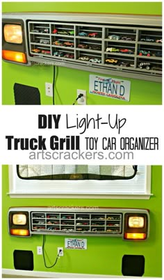 an old truck with the words diy light - up and toy car organizer on it