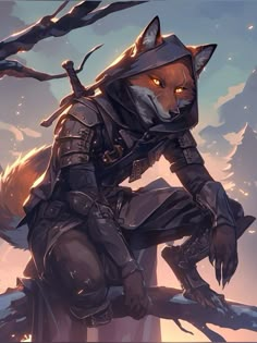 a painting of a fox in armor sitting on a tree branch