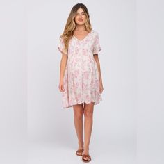 A Floral Print Maternity Dress Featuring A V-Neckline, Short Dolman Sleeves, And An Empire Waist. First Love By Pinkblush New Without Tags Inventory #P6931 Maternity Dress, Dolman Sleeve, Maternity Dresses, Empire Waist, Blush Pink, Floral Dress, Wild Flowers, First Love, Floral Print