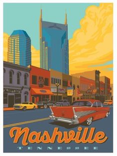 an image of a poster with cars driving down the road in front of tall buildings