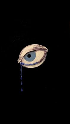 an evil looking eye with tear coming out of it's irise, against a black background