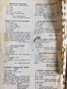 an old recipe book is open to show the ingredients and instructions for chocolate frosting