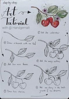 the instructions for how to draw cherries on a piece of paper with watercolor pencils