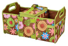 a large flower print storage bag with two compartments on the bottom and one compartment open