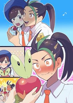 two anime characters are holding an apple and looking at the same person's face