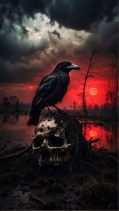 a black bird sitting on top of a skull in front of a red sky with clouds