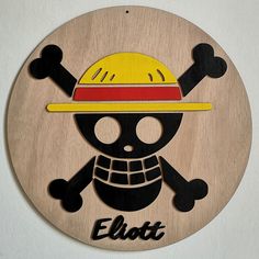 a wooden sign with a skull wearing a hat and bones on it's face