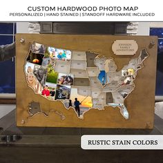 a wooden united states map with photos on it and the words custom hardwood photo map