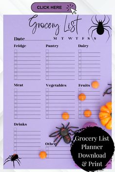 a grocery list with pumpkins and spider on it, next to a purple background