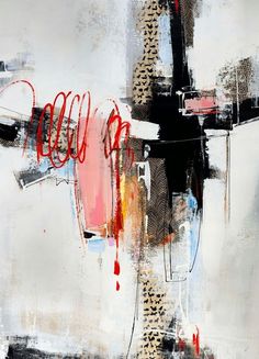 an abstract painting with black, white and red colors