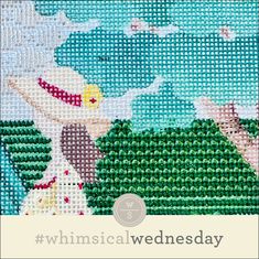 a cross stitch picture with the words whimsical wednesday on it and an image of a woman wearing a hat