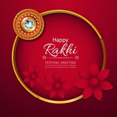 happy raki festival greeting card with gold frame and red flowers on red background illustration