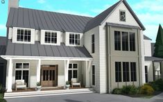 this is an artist's rendering of a house with white siding and gray roof