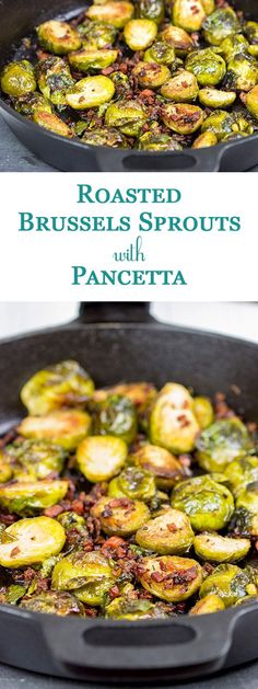 roasted brussel sprouts with pancetta in a cast iron skillet