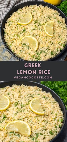 two pans filled with lemon rice on top of a table