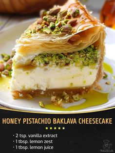 there is a piece of cheesecake on the plate with nuts and pistachio